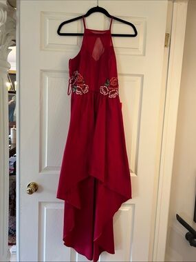Red Floral Appliqué High-Low Halter Dress